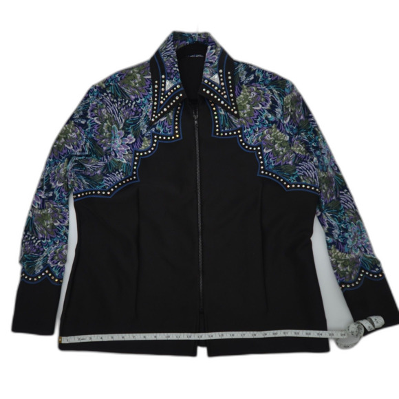 Custom Western Show Shirt - Blue Design with Bezel Set Stones & Leather Accent - Picture 4 of 8